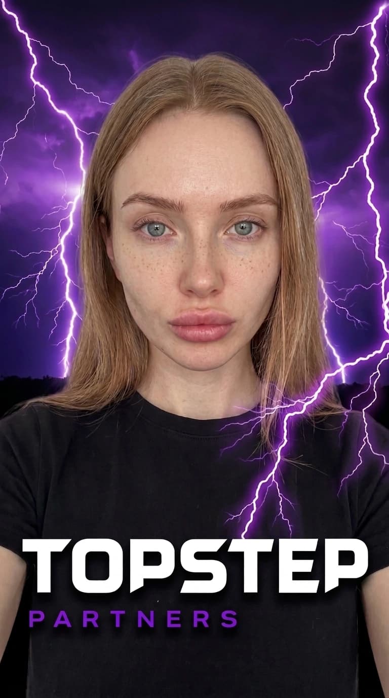 Portrait of Luna, Affiliate Manager at TopStep Partners, wearing a black t-shirt against a purple lightning background